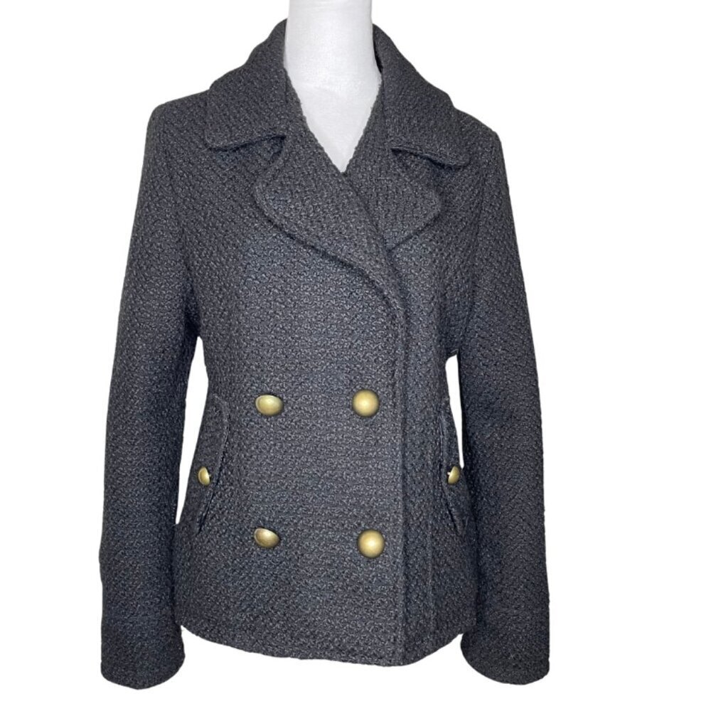 Boy Meets Girl Black Blue Lined Wool Blend Tweed Jacket Gold Button Pockets XL